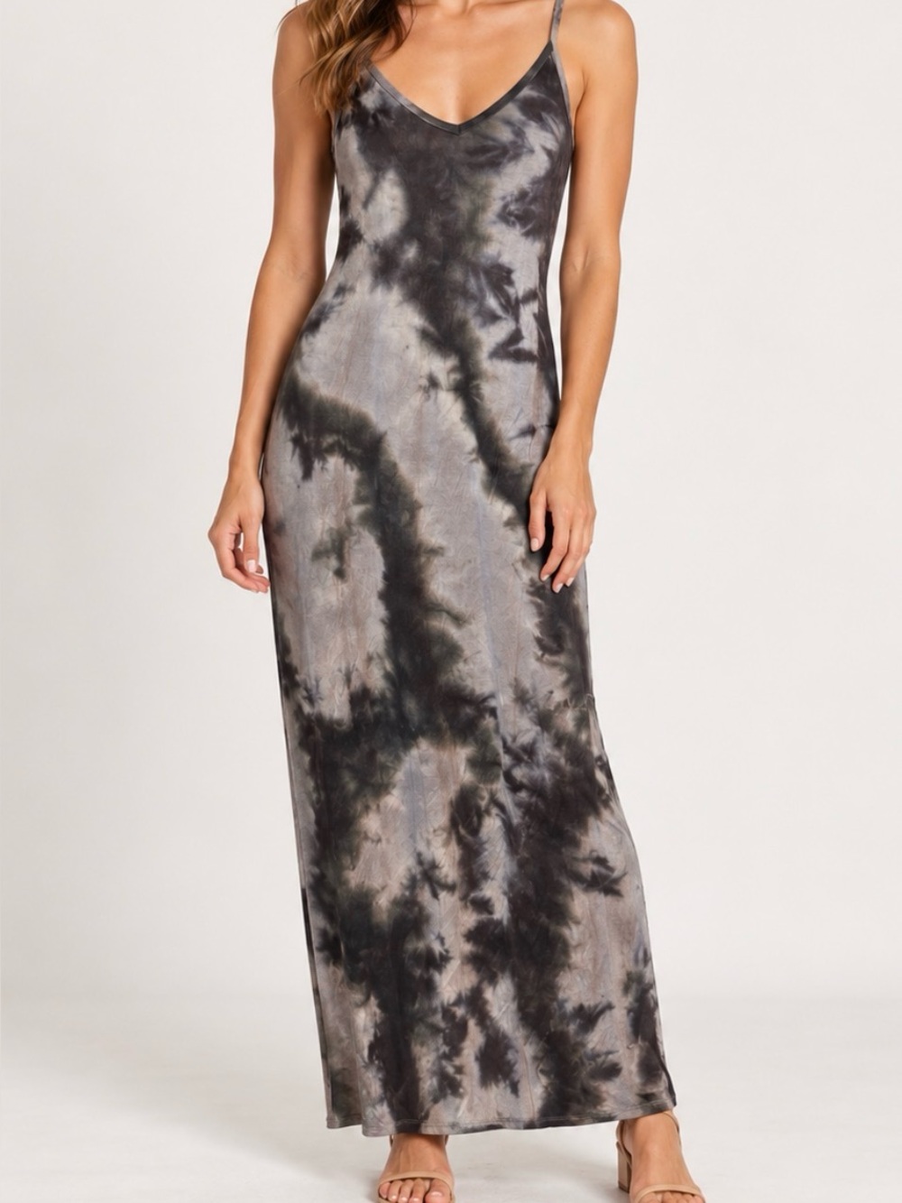 Peyton Jensen Tie Dye Maxi Dress XS Gray Black Spaghetti Strap V Neck